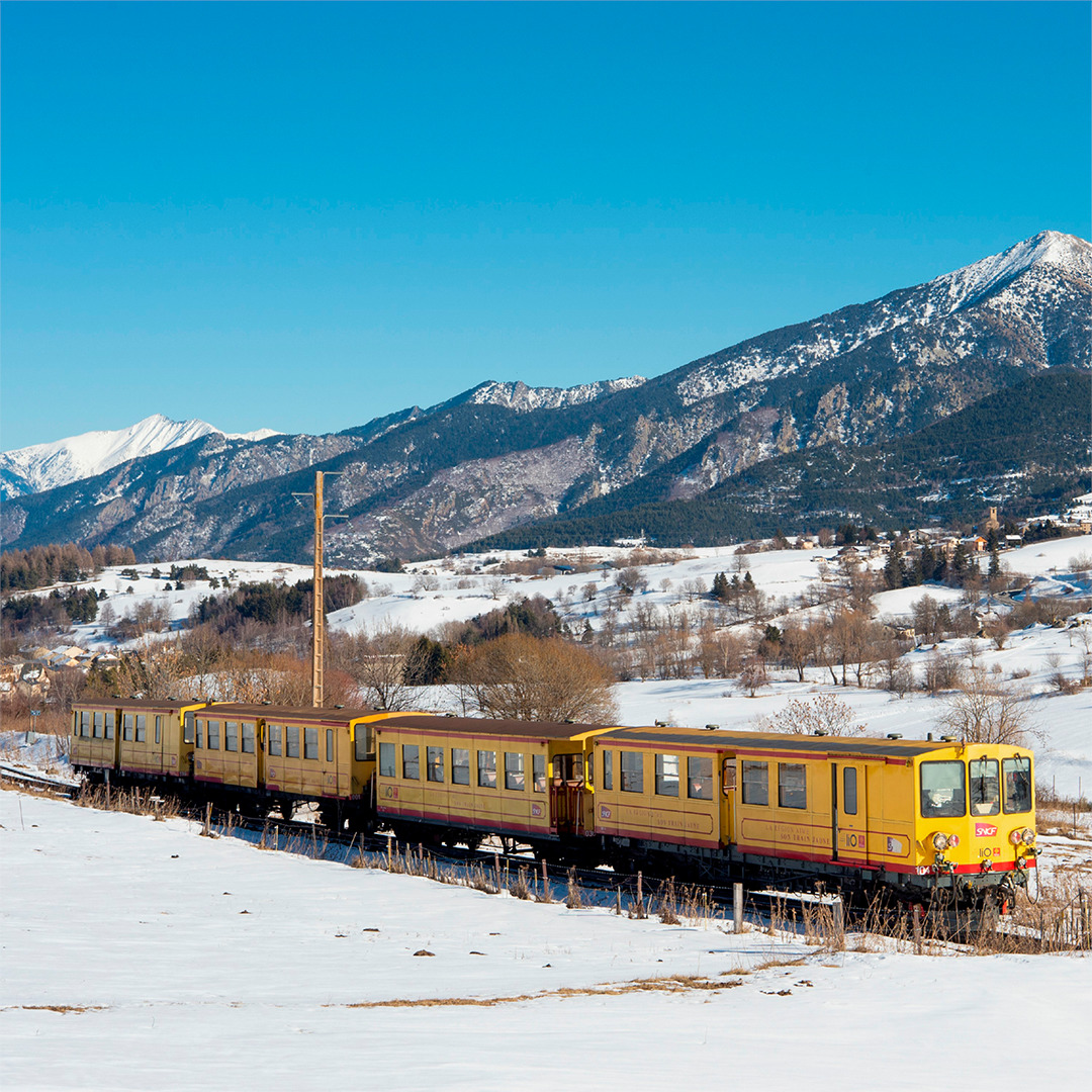 Yellow Train Winter Mountains