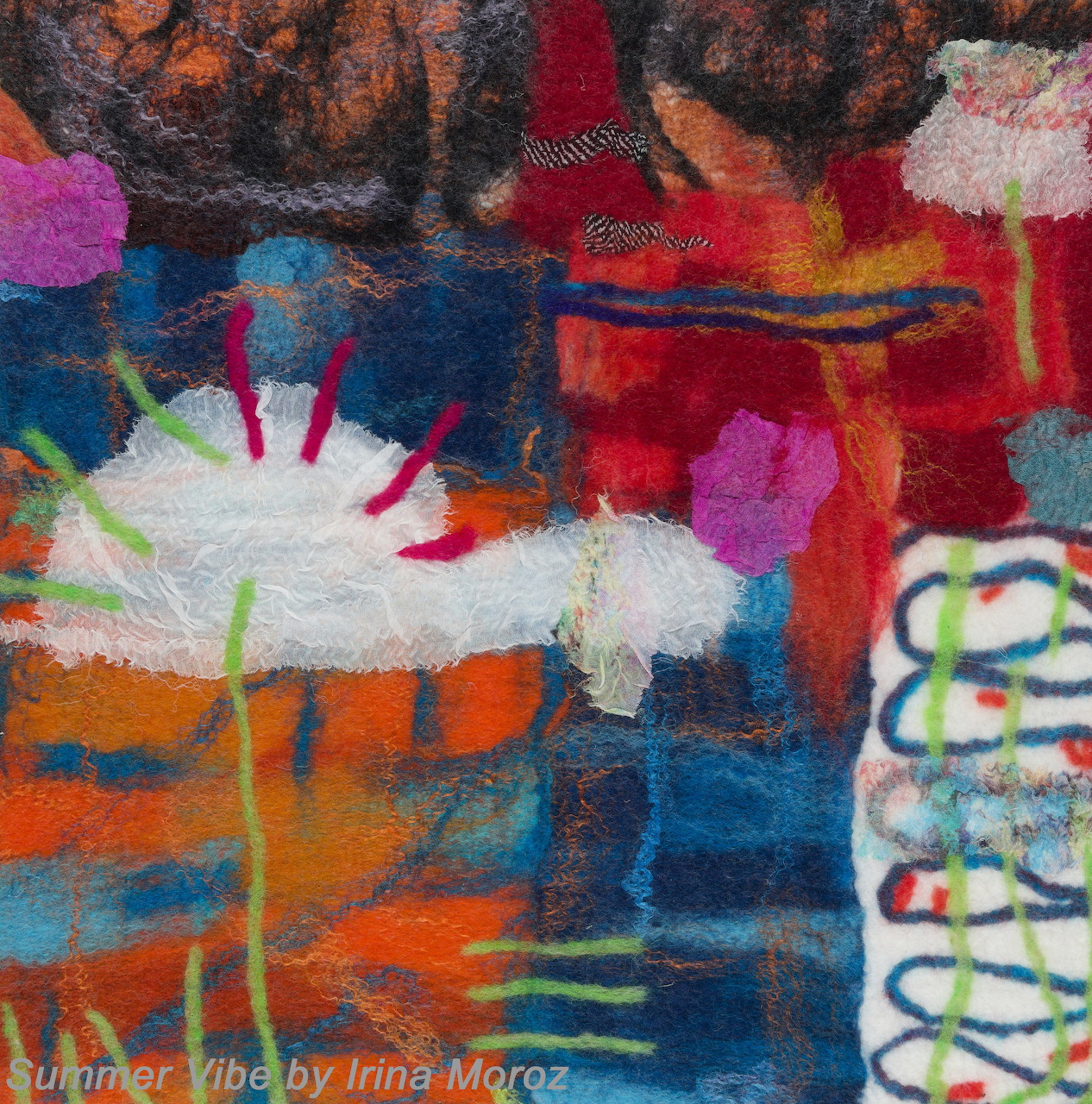 Abstract painting with layered blue, orange, red, white, and pink textured brushstrokes