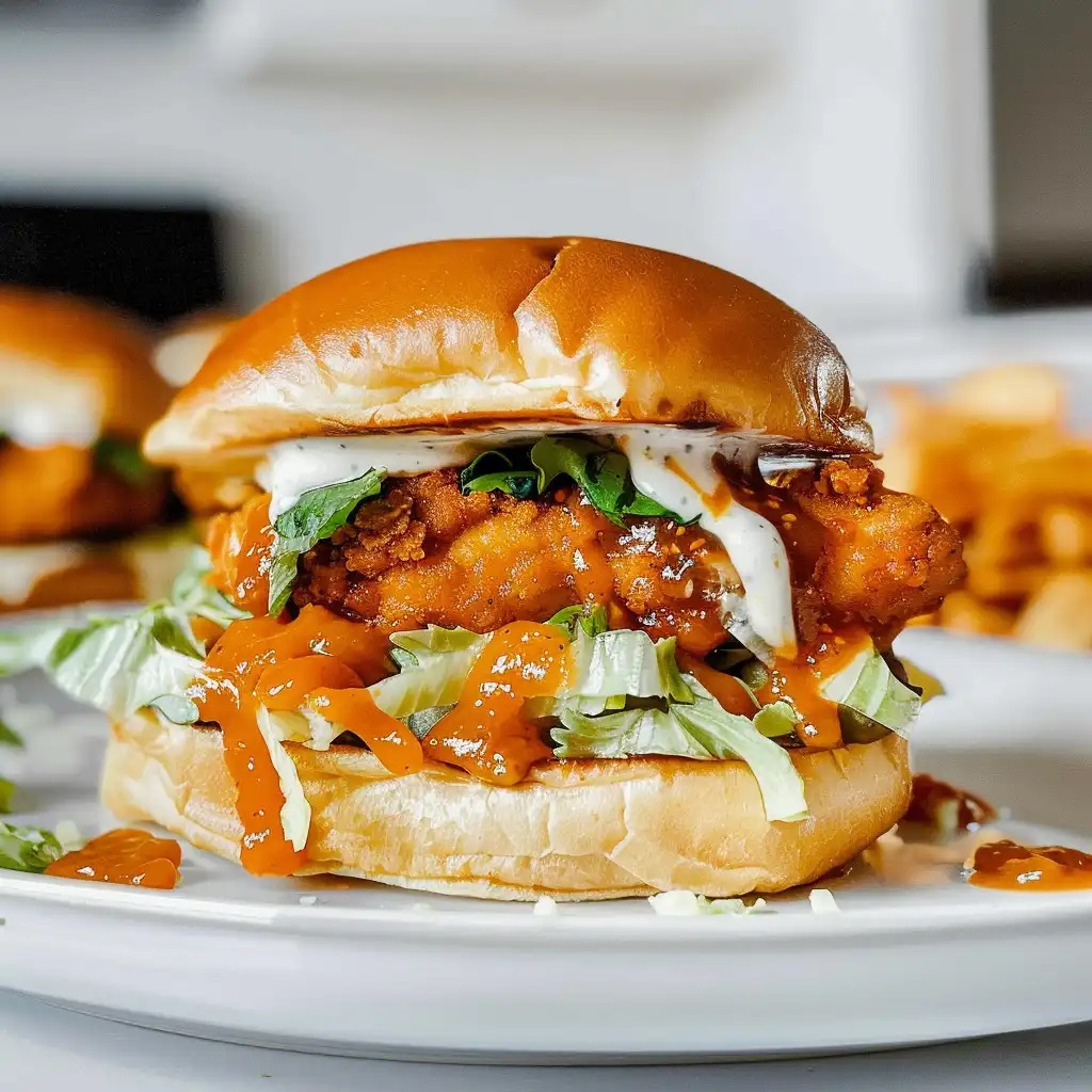 Buffalo chicken sandwich with lettuce and sauce on white plate with fries in background