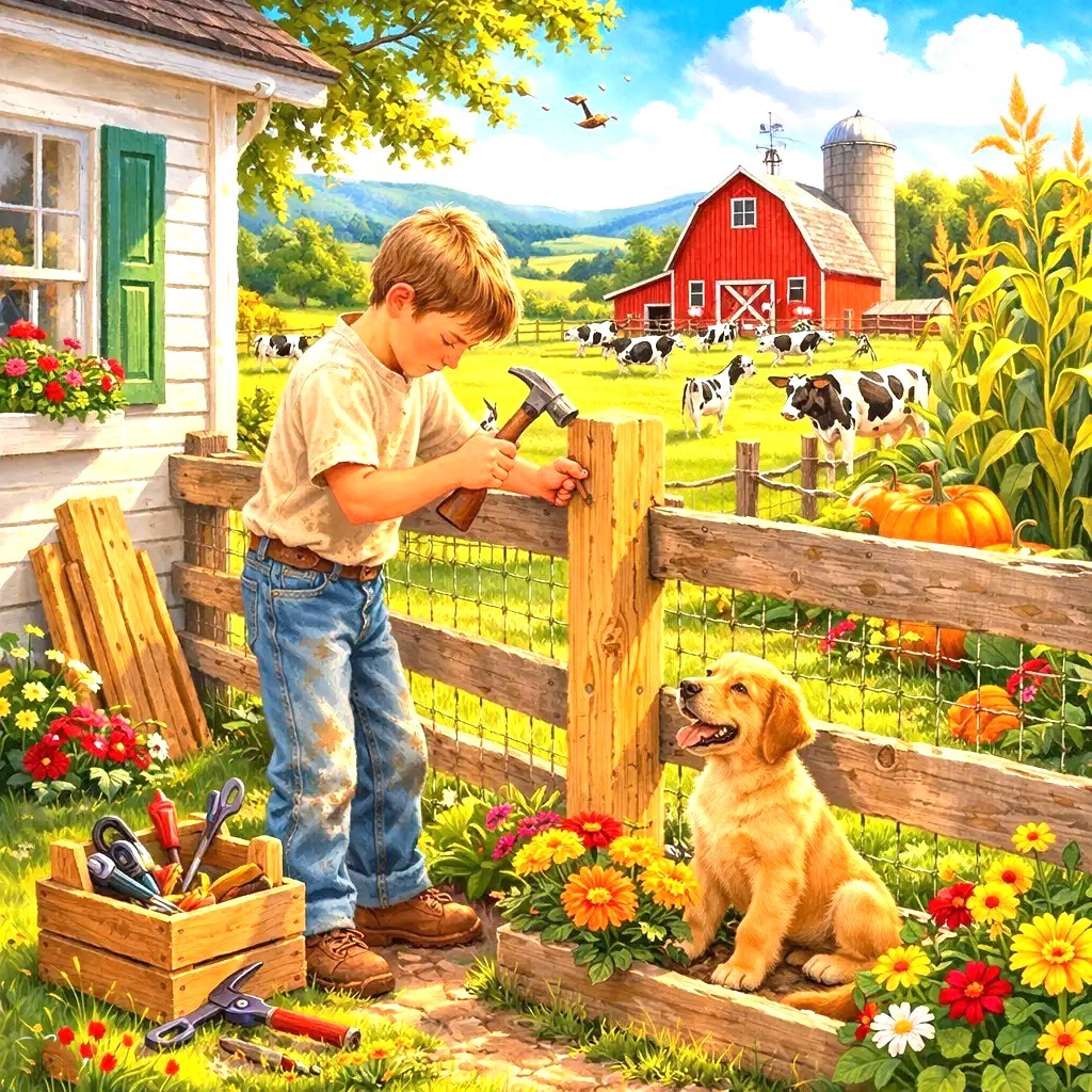 Boy with hammer fixing wooden fence on farm with puppy, barn, and garden
