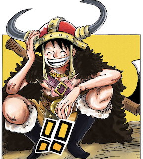 Monkey D. Luffy from One Piece wearing a viking horned helmet, grinning in Elbaf viking attire