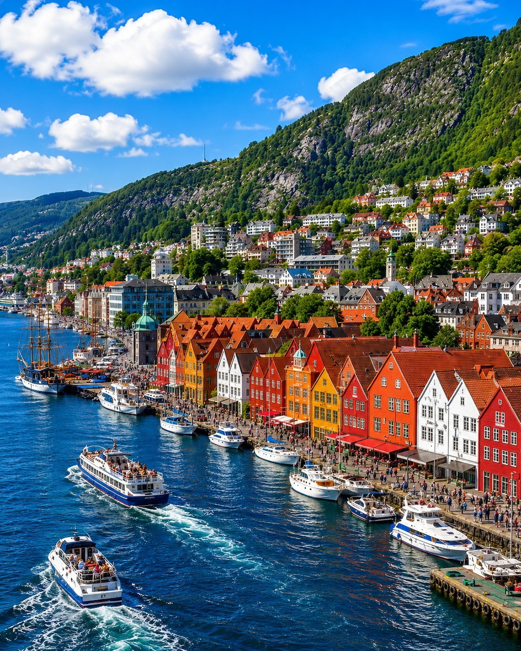 Colorful row houses along Bergen Norway harbor with boats and mountain backdrop