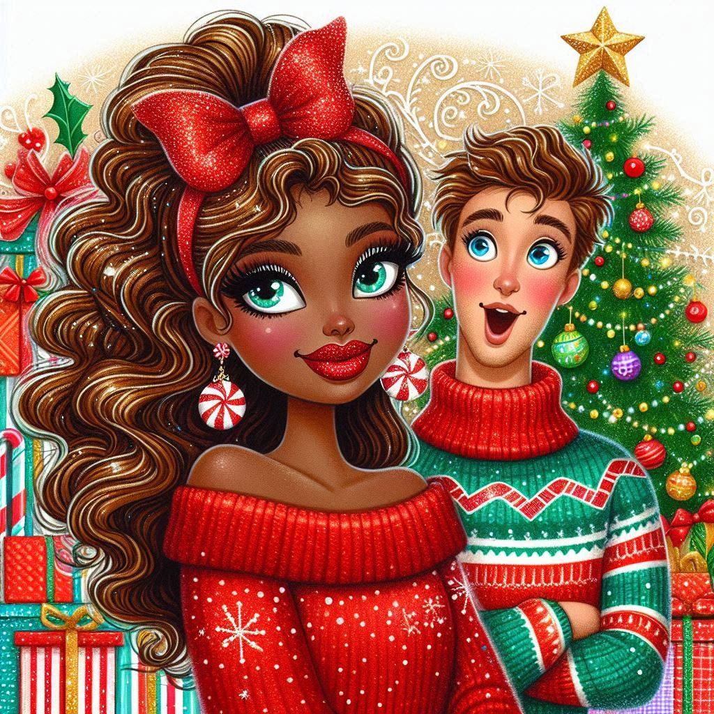 Couple in red and green Christmas sweaters with decorated tree and holiday ornaments