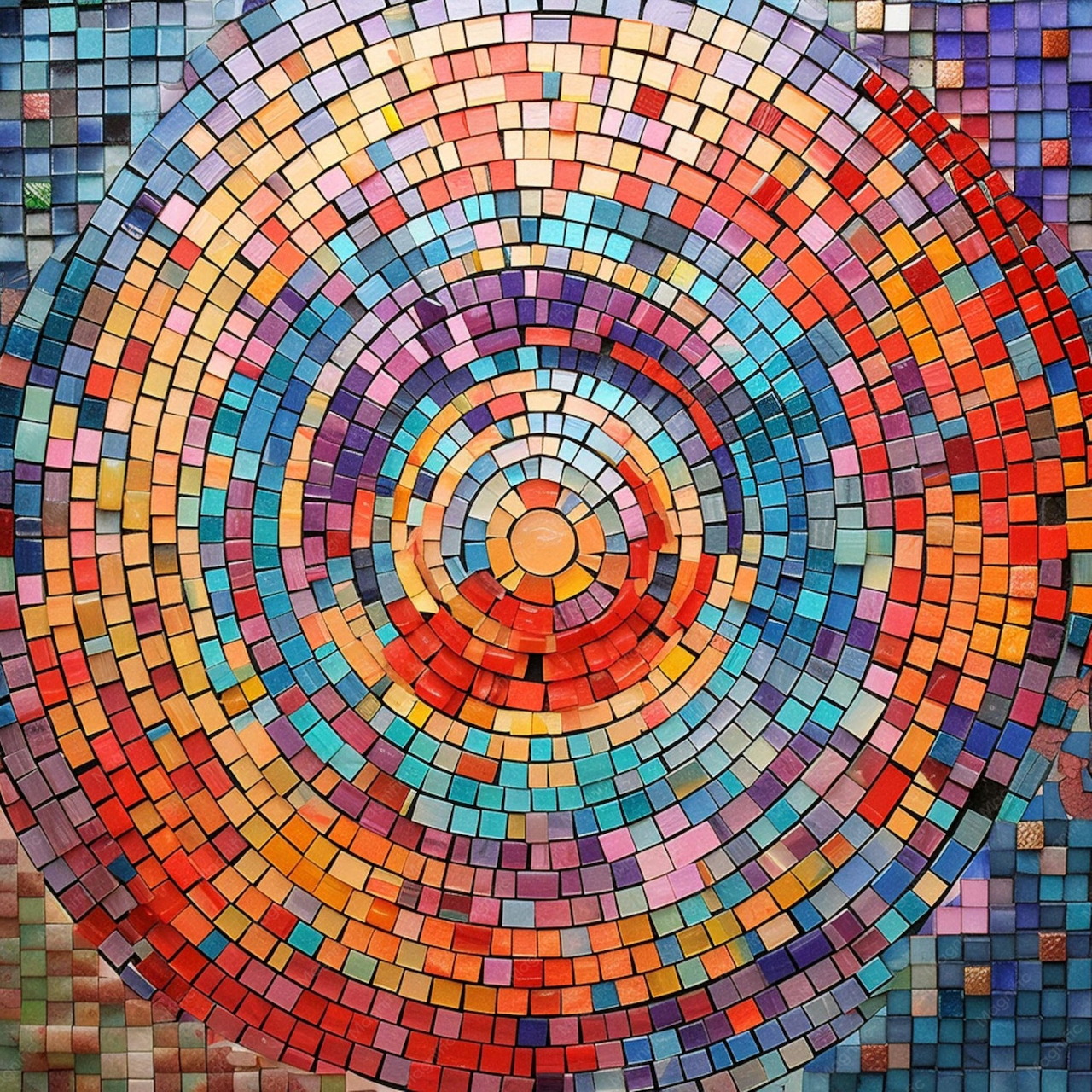 Colorful circular mosaic mandala with concentric rings of square tiles in rainbow spectrum radiating from center