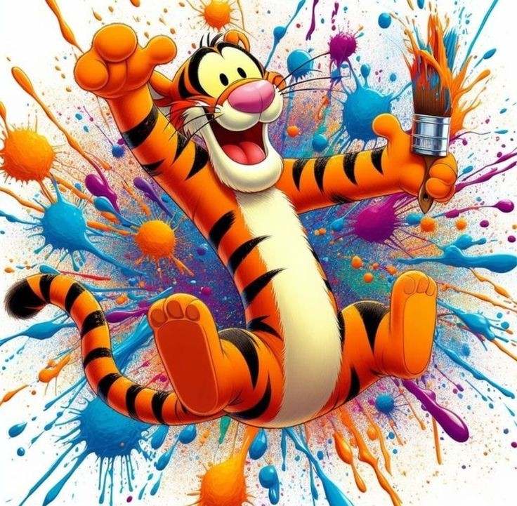 Cheerful Tigger character jumping with colorful paint splashes radiating outward in orange, blue and purple