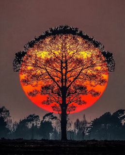 Silhouette of a bare tree against a large orange setting sun with dark landscape below