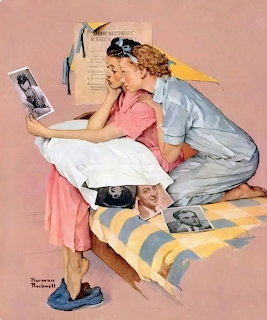 Norman Rockwell painting of two college girls on a bed looking at celebrity photos
