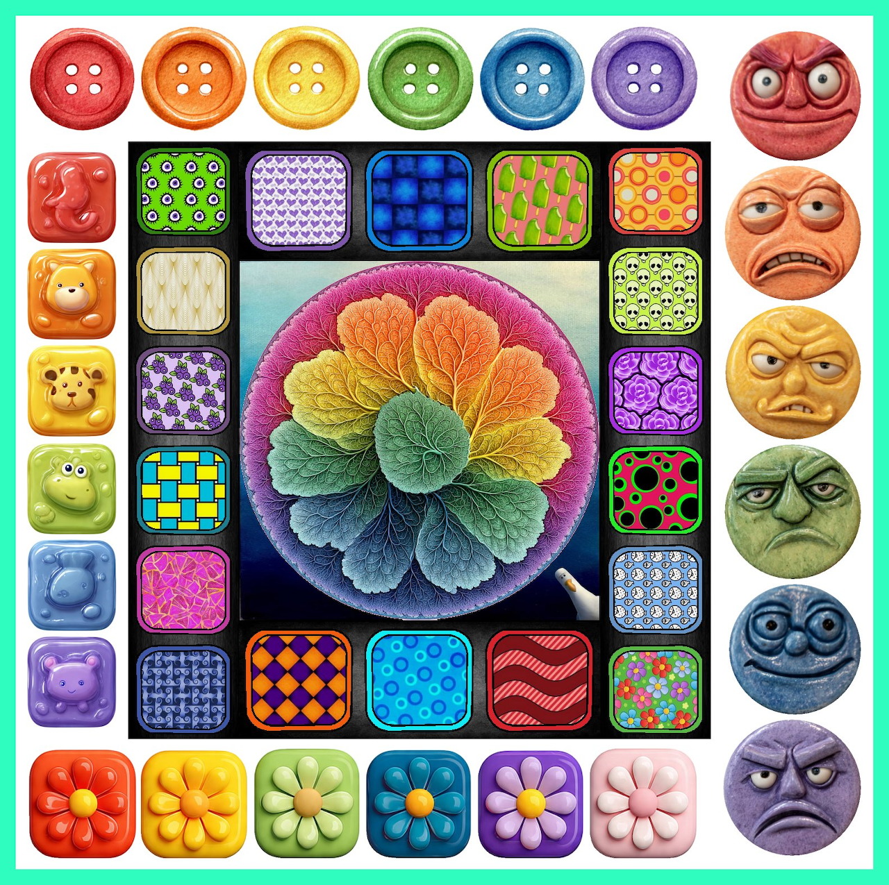 Grid of colorful buttons, patterned tiles, emoji faces, and a rainbow gradient flower in the center
