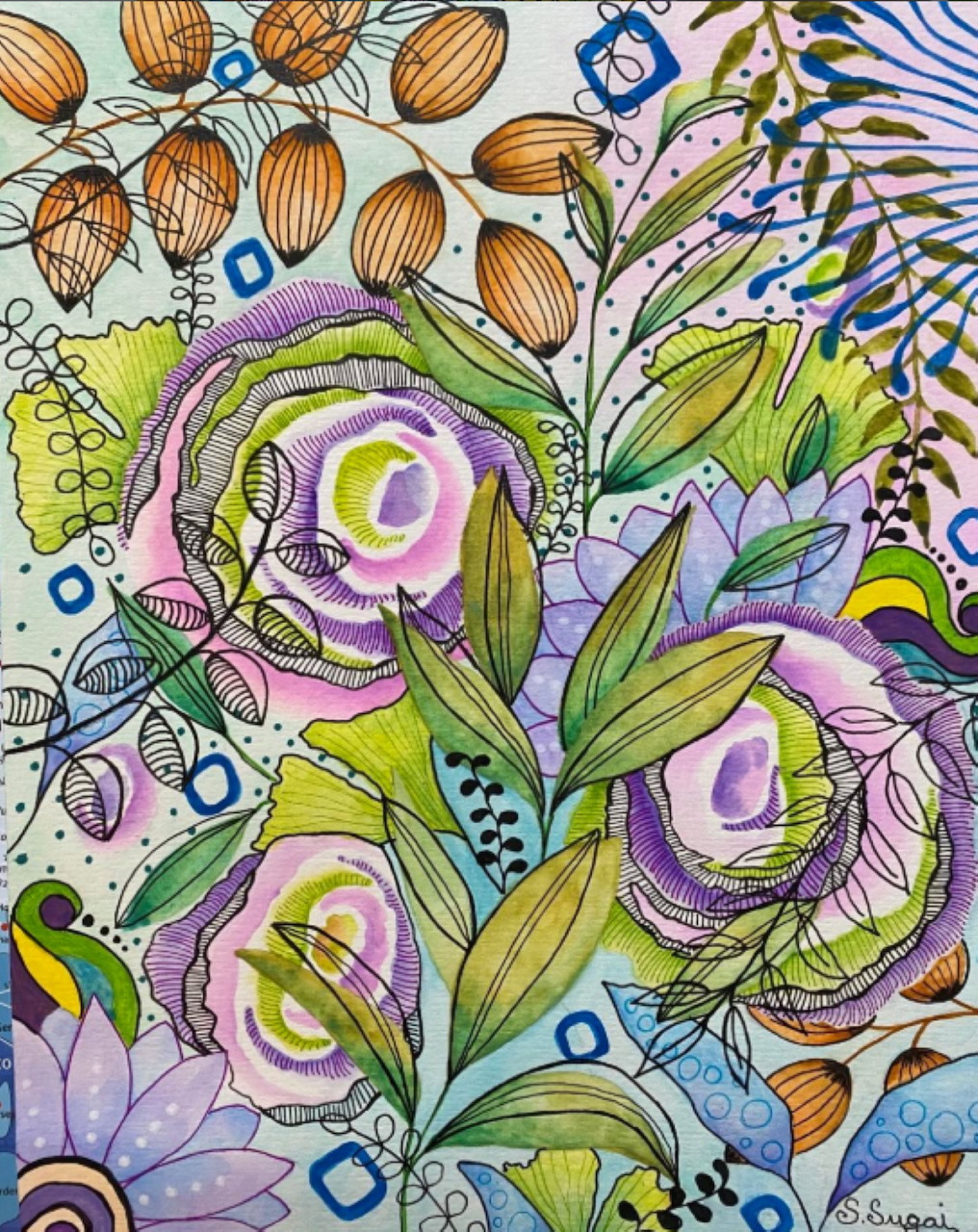 Watercolor painting of purple flowers, green leaves, and intricate abstract botanical patterns.