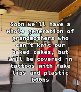 Two people standing on a covered porch with humorous overlaid text about grandmothers