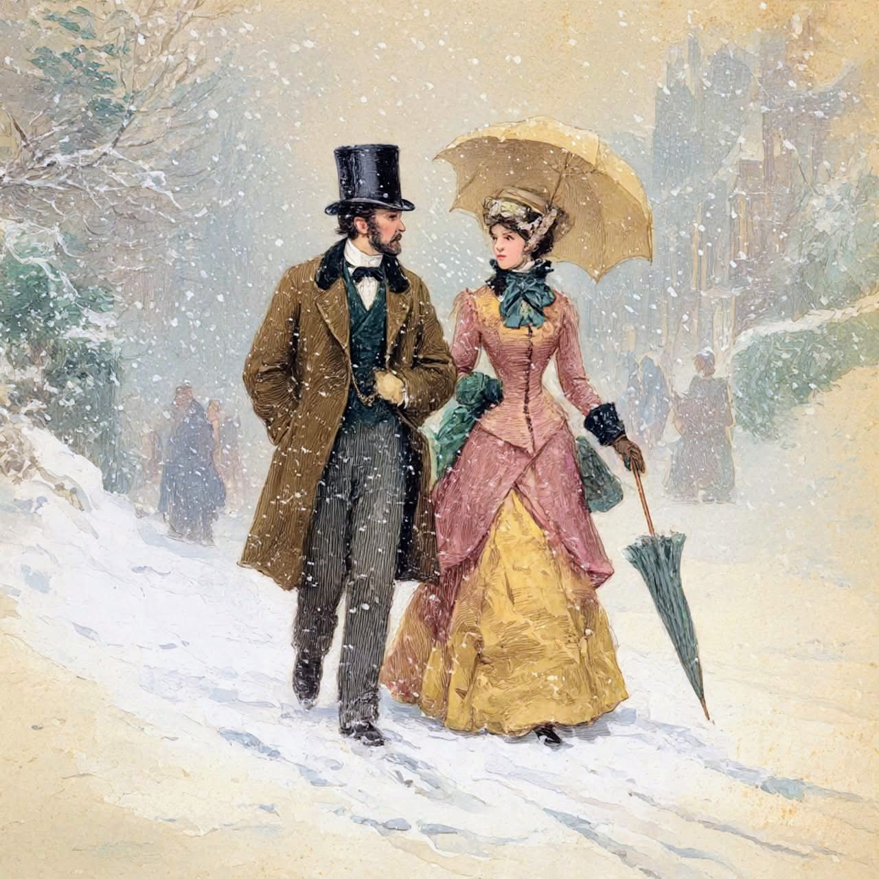 Victorian couple in formal dress walking arm-in-arm through snowy winter scene with trees