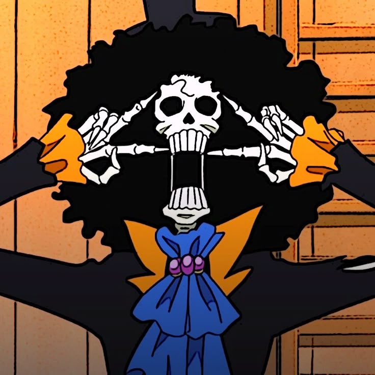 Anime skeleton character Brook with large afro hair and skull face wearing blue clothing