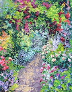 Impressionist painting of a garden path surrounded by colorful flowers and leafy plants