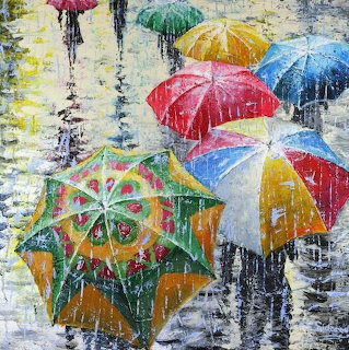 Impressionistic painting of colorful umbrellas including red, yellow, green, and blue on a rainy street with reflections