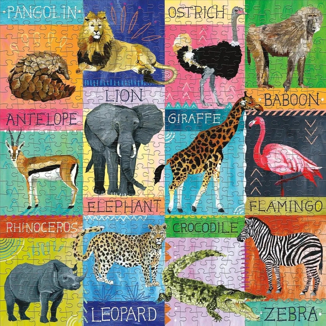 Collage of 12 African animals in colorful grid squares with text labels naming each species