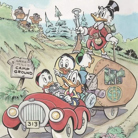 Cartoon illustration of Scrooge McDuck and nephews in a red car heading to a campground with money trailer