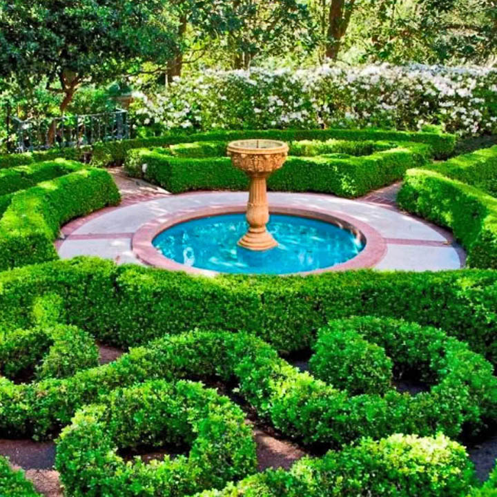 Stone fountain in a formal garden surrounded by manicured hedges and flowering shrubs