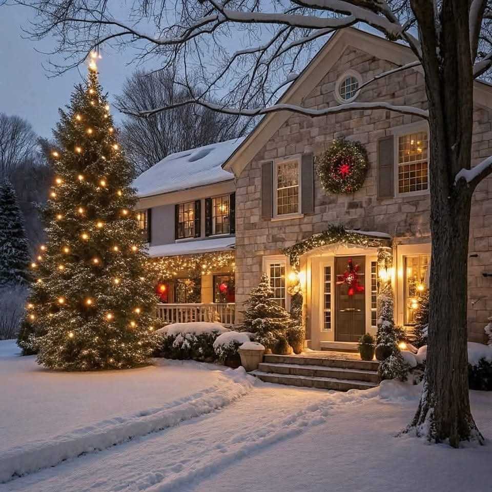Snowy house decorated with Christmas lights, wreaths, and a lit tree at dusk