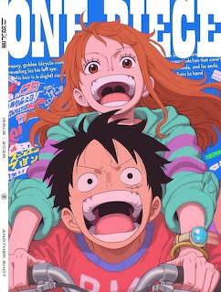 Anime characters Luffy and Nami from One Piece with surprised expressions on magazine cover