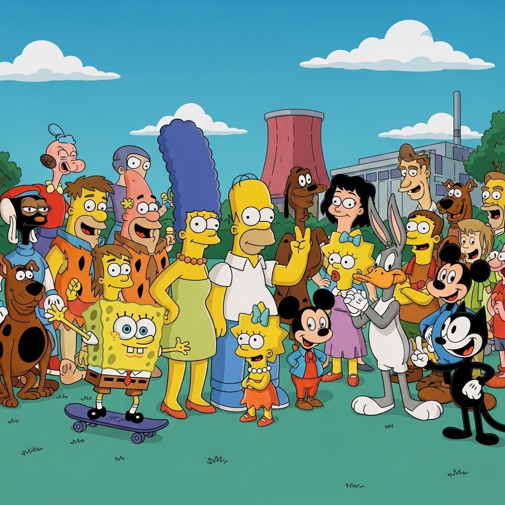Group of classic cartoon characters posing together outdoors under a blue sky