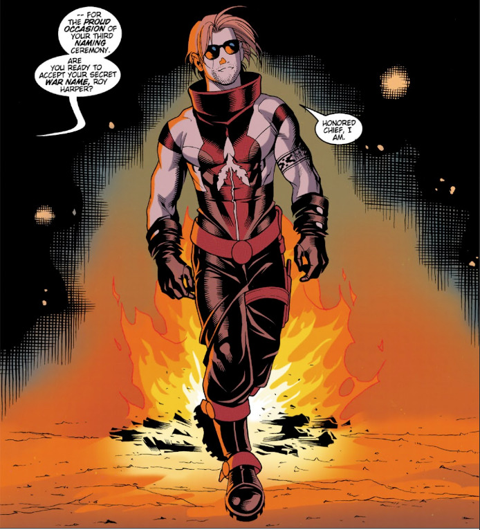 DC Comics superhero in red suit walking away from fire in a comic book panel with speech bubbles