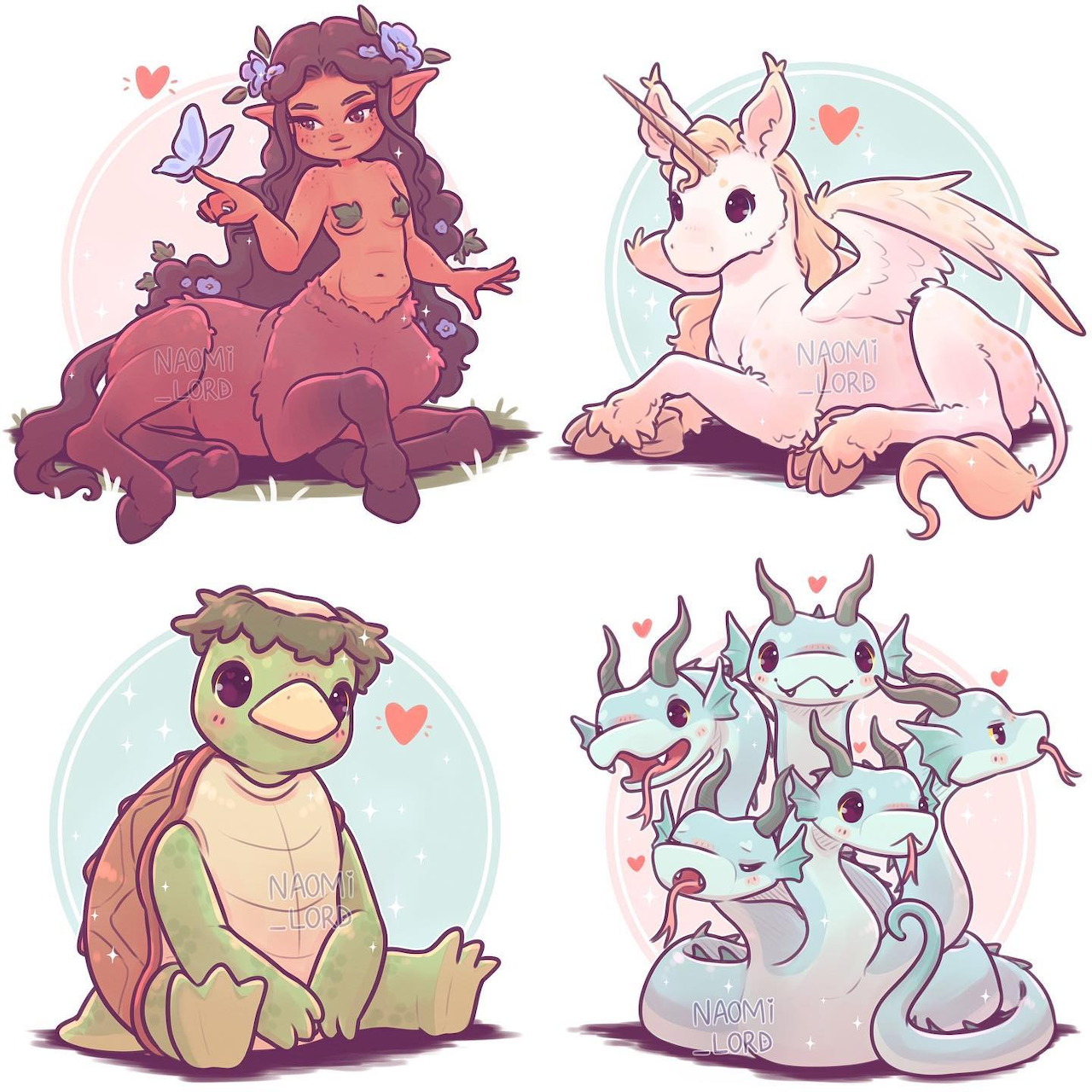 Four cute chibi fantasy creatures including a centaur, unicorn dragon, turtle, and hydra in pastel colors
