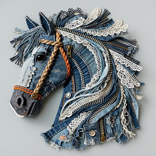 Horse head sculpture made of blue denim, zippers, lace, and braided rope against gray background