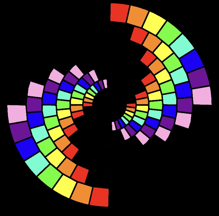 Rainbow colored square tiles arranged in a spiral pattern on black background