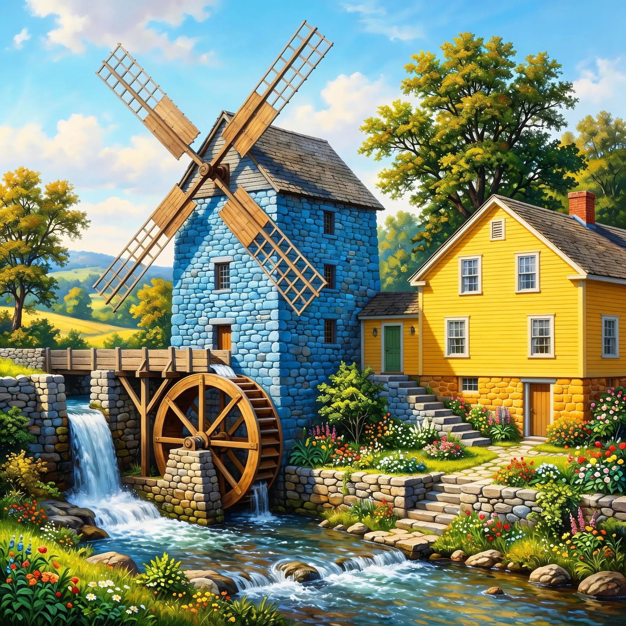 Blue Windmill Water Mill Stream