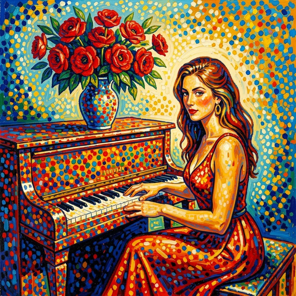 Pointillism Woman at Piano
