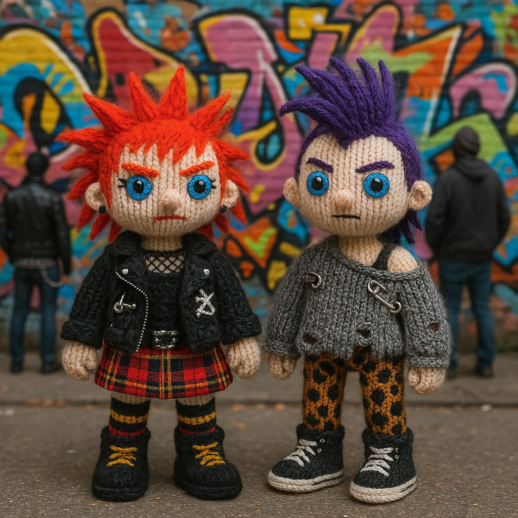 Two knitted punk rock dolls with spiky hair in leather jackets against colorful graffiti wall