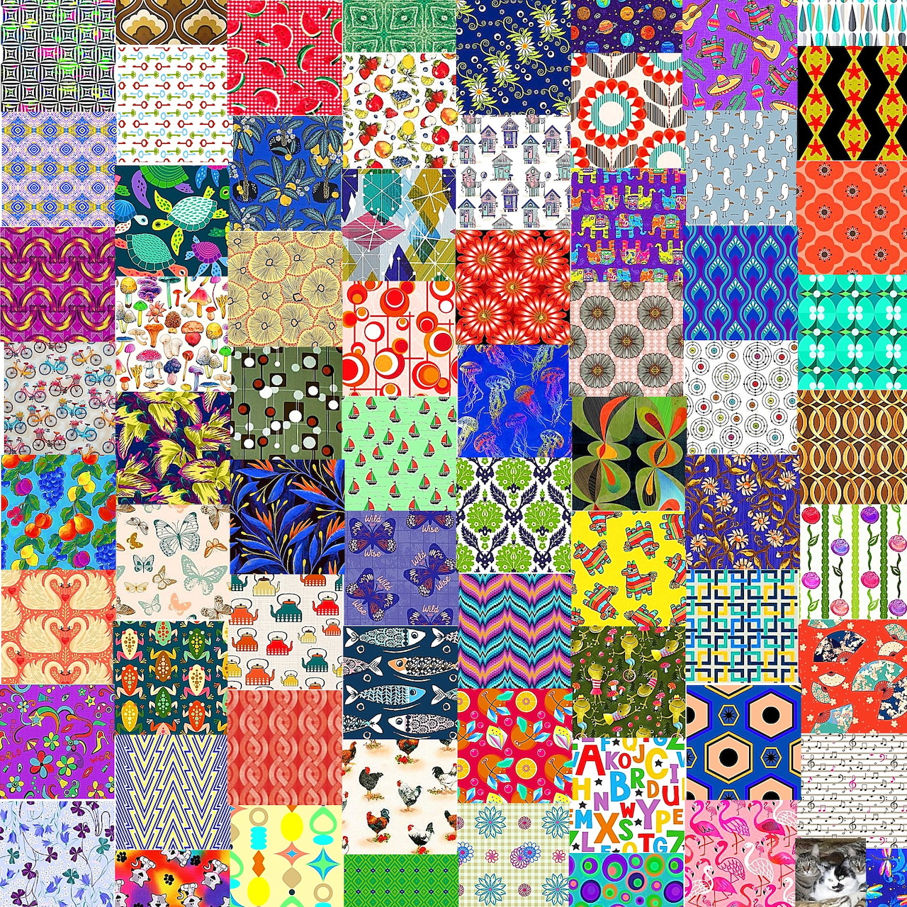 Grid of 100 colorful patchwork squares with varied patterns including florals, geometric shapes, fruits, and abstract designs