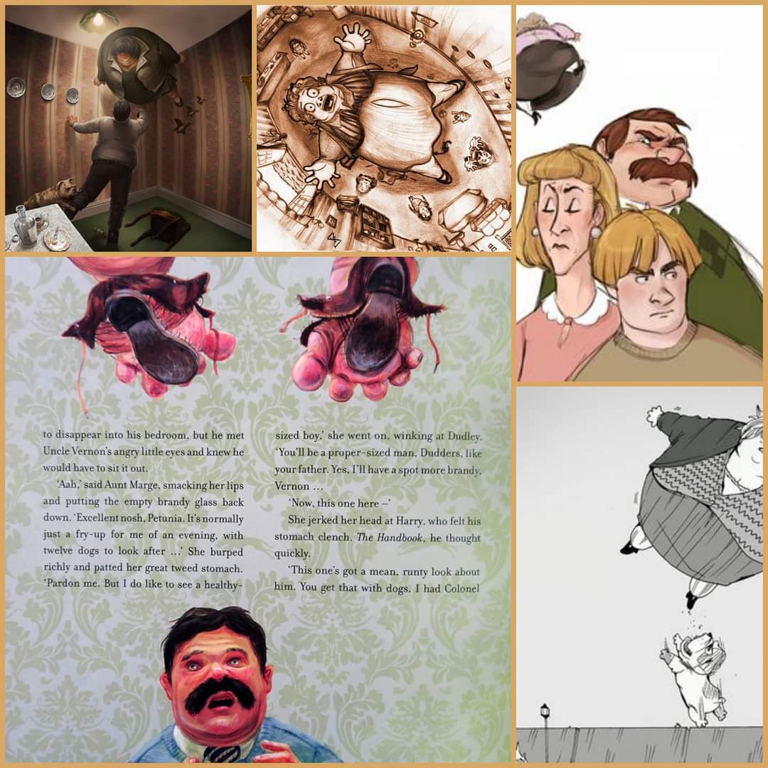Collage of illustrated panels showing various cartoon characters, steampunk designs, and artistic sketches