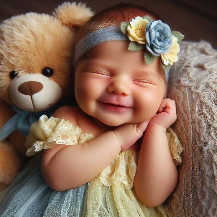 Smiling baby with floral headband next to teddy bear