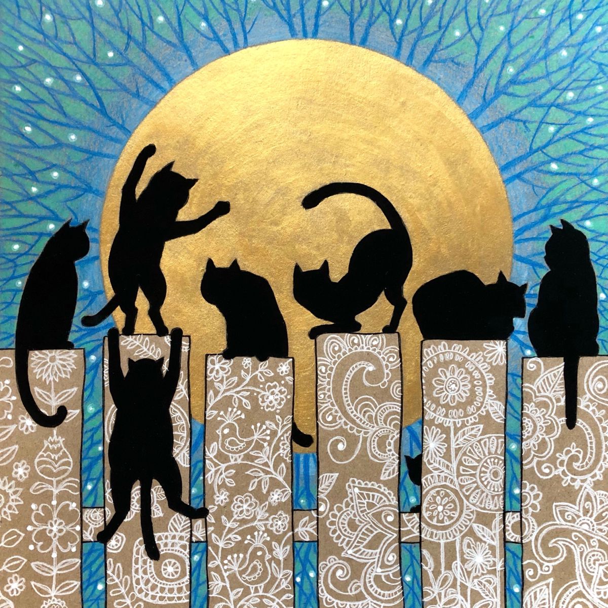 Eight black cats sitting on ornate fence with golden moon and blue starburst background