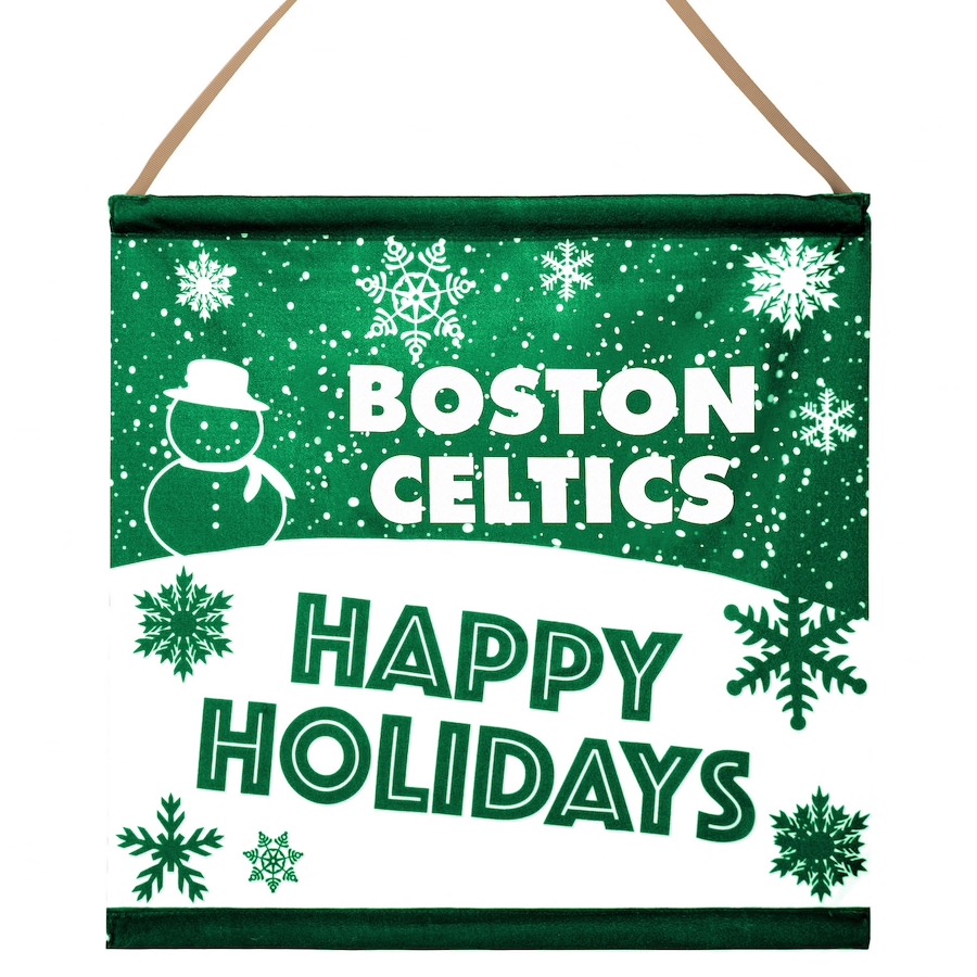 Green Boston Celtics holiday banner with snowflakes, snowman, and Happy Holidays text
