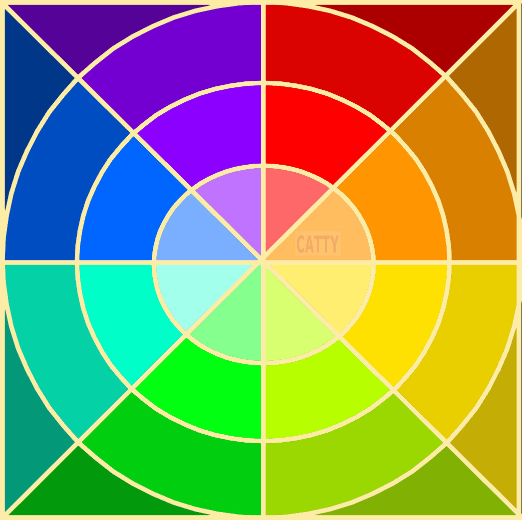 Geometric color wheel with radial segments showing rainbow spectrum in concentric circles