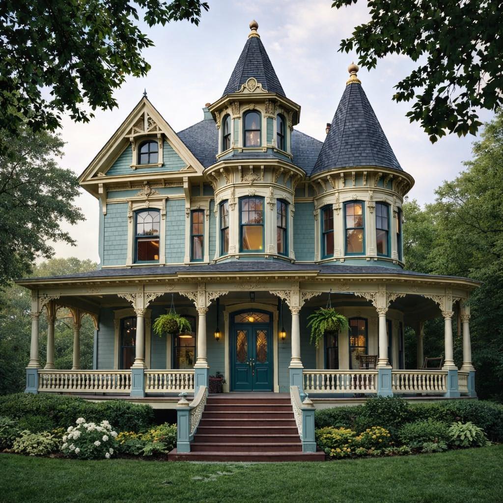 Grand Victorian mansion with turrets, ornate porch, and landscaped garden
