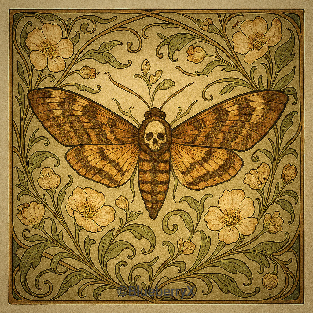 Death's-head hawkmoth with skull marking centered in decorative Art Nouveau floral frame