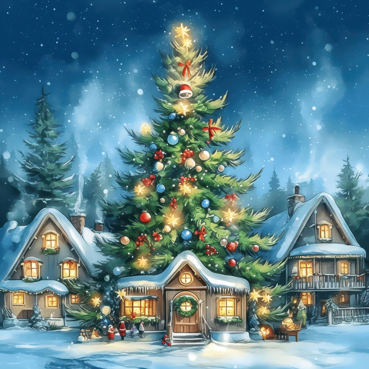 Snowy Christmas village with a decorated tree and glowing cottages at night