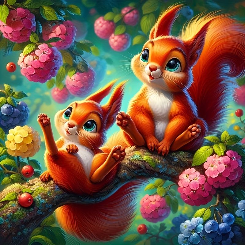 Colorful illustration of two cute red squirrels on a branch with flowers and berries