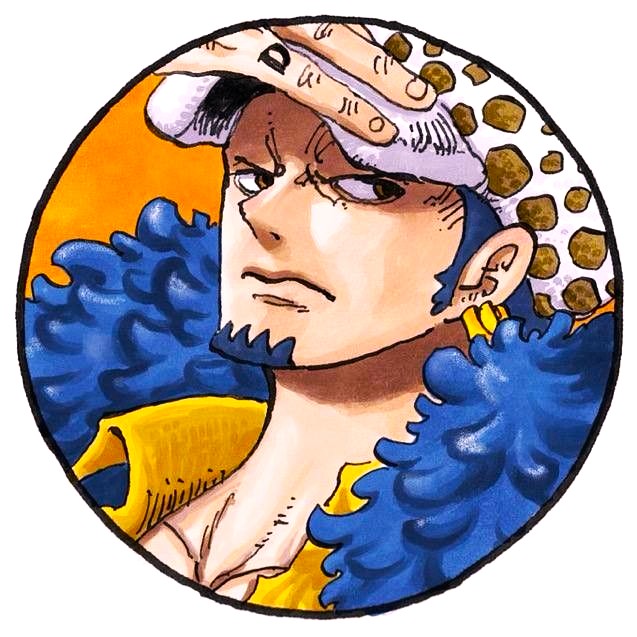 Anime portrait of character wearing white spotted hat and blue fur collar with orange background