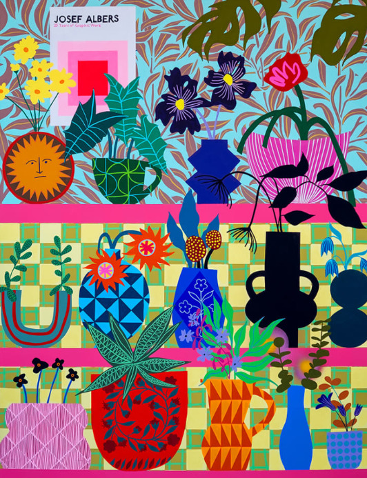 Vibrant illustration of potted houseplants and flowers on colorful shelves with bold patterns and geometric designs