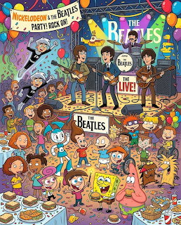 Cartoon illustration of The Beatles band performing with crowd of animated characters at a party