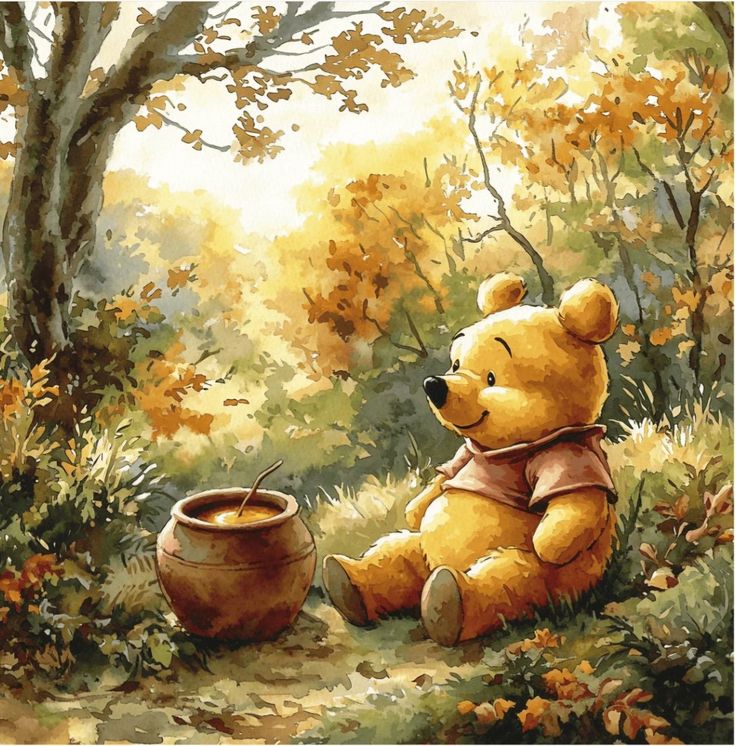Winnie the Pooh bear sitting outdoors beside honey pot under autumn trees in watercolor style