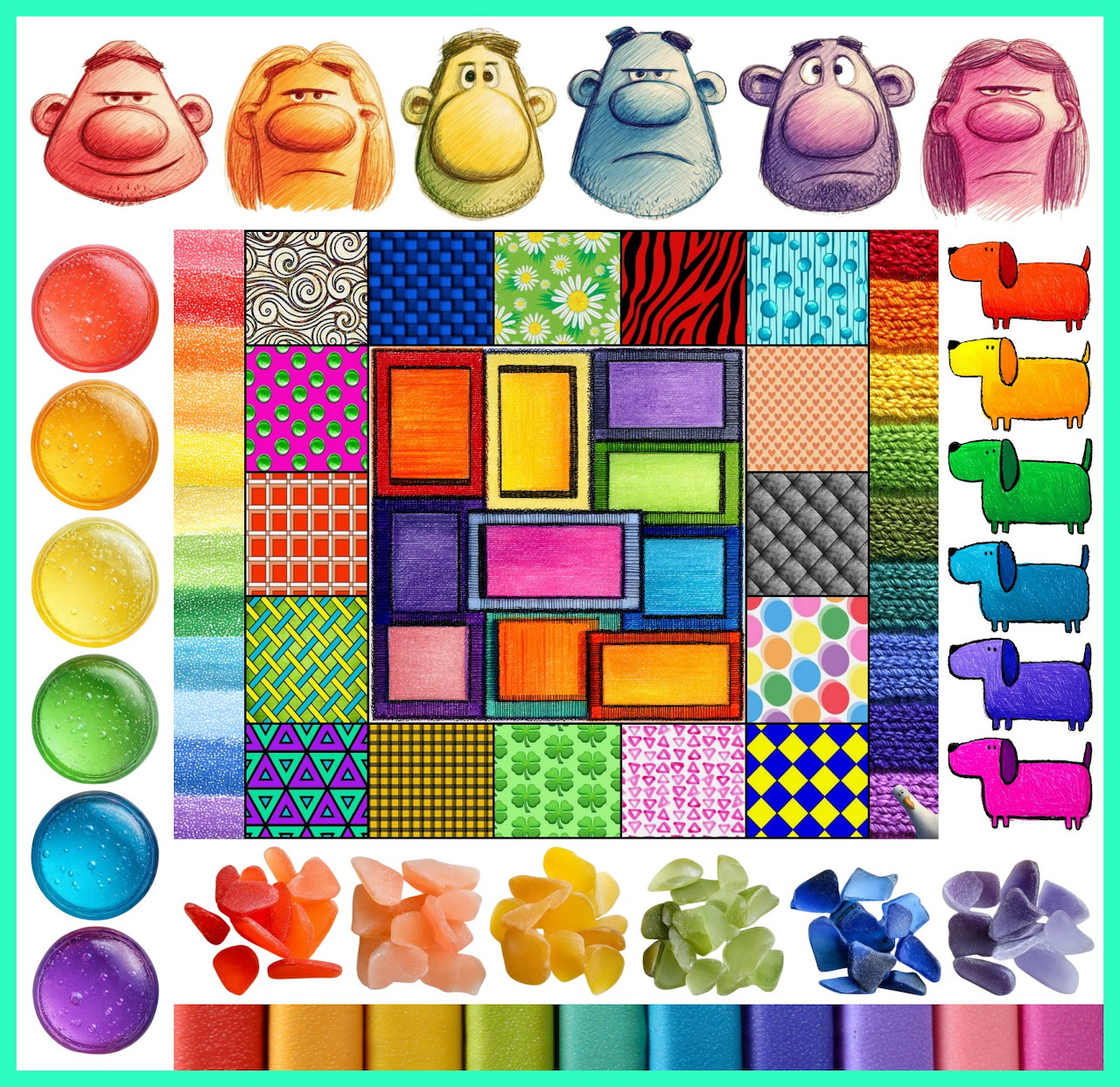 Colorful grid with patterns, cartoon faces, animal silhouettes, and rainbow gradients arranged in organized squares