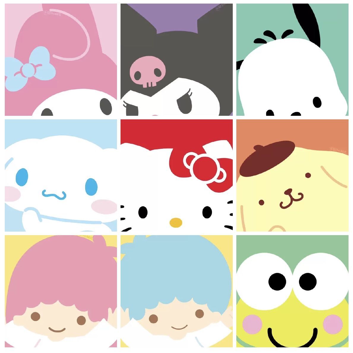 Grid of nine Sanrio character faces in colorful squares including Hello Kitty, Kuromi, and Keroppi