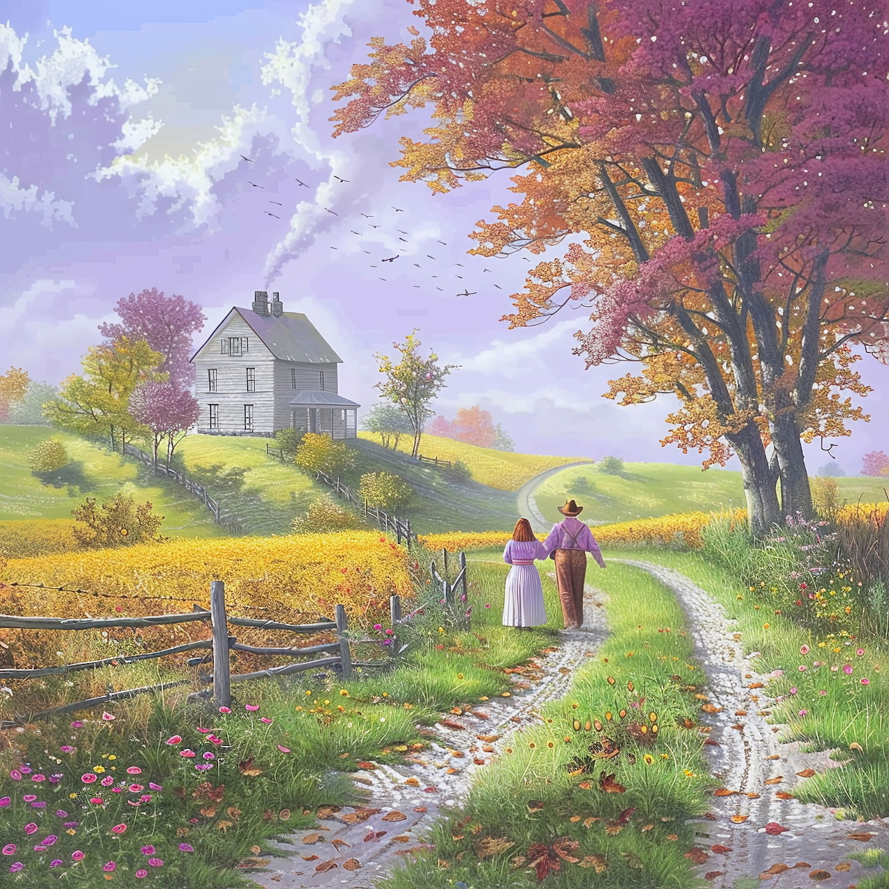 Painting of couple on country path approaching white farmhouse in autumn with colorful trees and golden fields