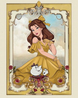 Disney Belle in yellow dress with Mrs. Potts and Chip in an ornate decorative frame