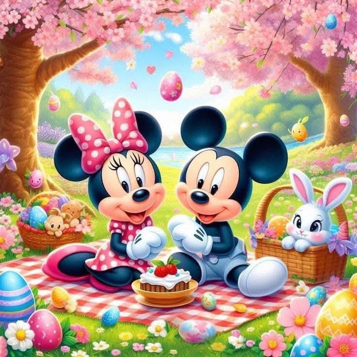 Mickey and Minnie Mouse having a picnic with Easter eggs and bunny under pink cherry blossom trees